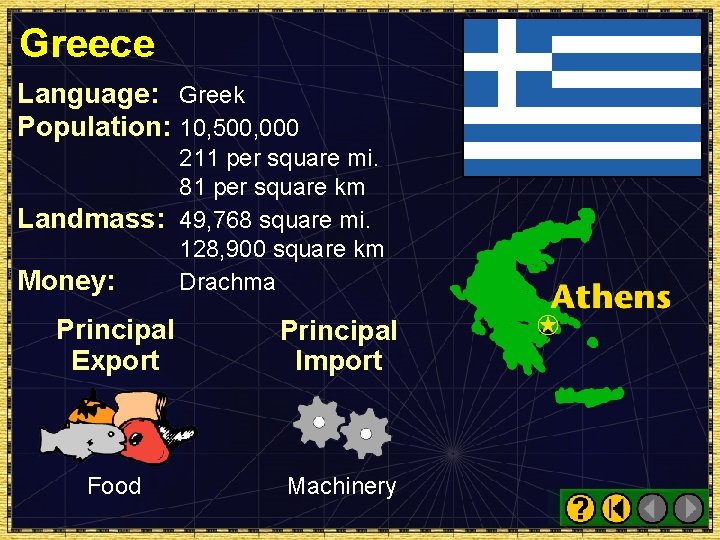 Greece Language: Greek Population: 10, 500, 000 211 per square mi. 81 per square