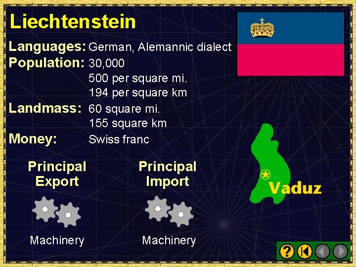 Liechtenstein Languages: German, Alemannic dialect Population: 30, 000 500 per square mi. 194 per