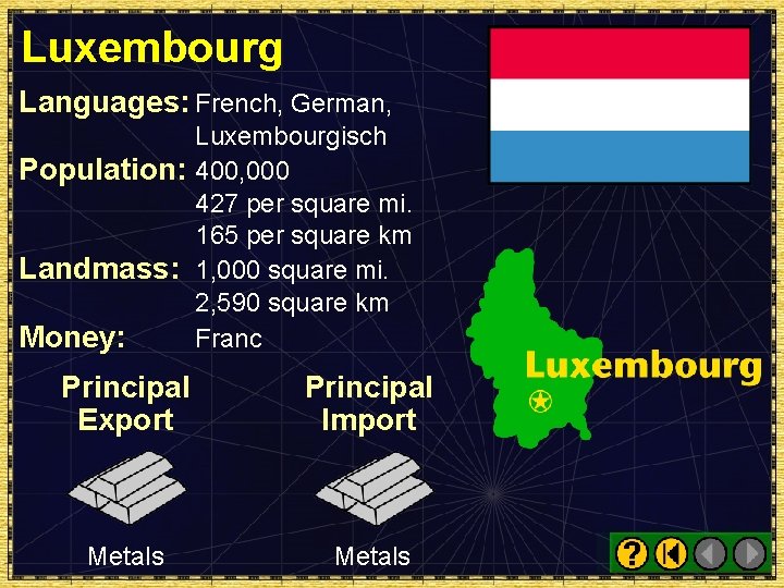 Luxembourg Languages: French, German, Luxembourgisch Population: 400, 000 427 per square mi. 165 per