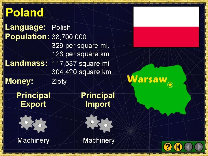 Poland Language: Polish Population: 38, 700, 000 329 per square mi. 128 per square