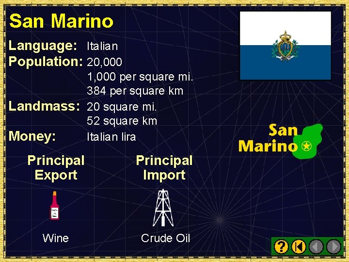 San Marino Language: Italian Population: 20, 000 1, 000 per square mi. 384 per