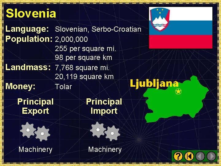 Slovenia Language: Slovenian, Serbo-Croatian Population: 2, 000 255 per square mi. 98 per square