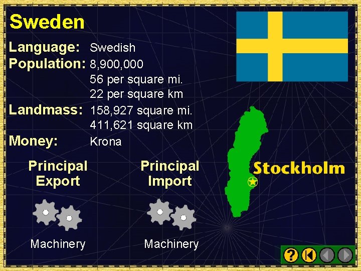 Sweden Language: Swedish Population: 8, 900, 000 56 per square mi. 22 per square