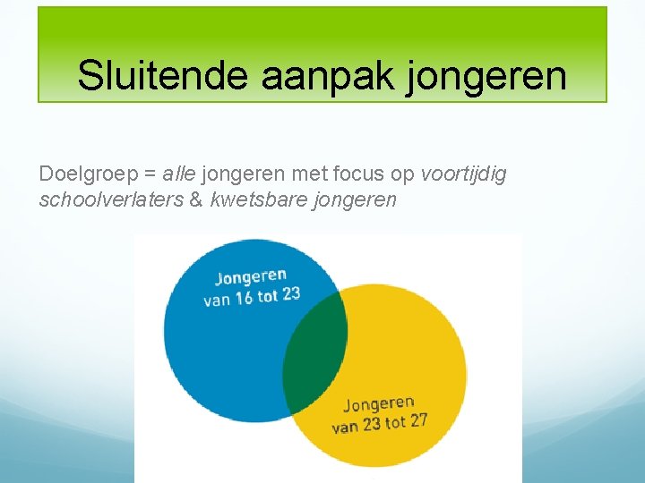 Sluitende aanpak jongeren Doelgroep = alle jongeren met focus op voortijdig schoolverlaters & kwetsbare