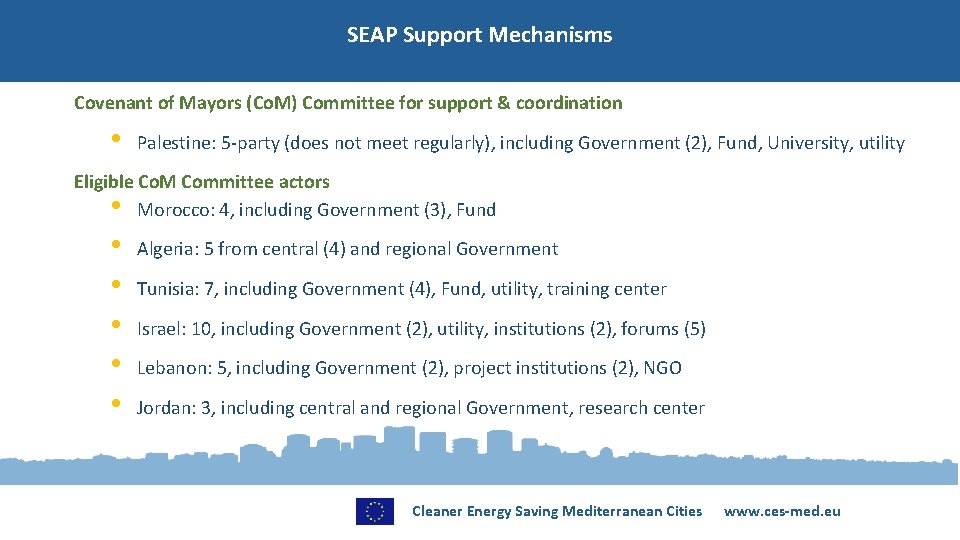 SEAP Support Mechanisms Covenant of Mayors (Co. M) Committee for support & coordination •