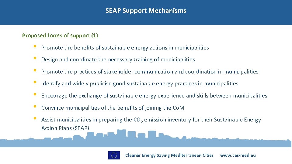 SEAP Support Mechanisms Proposed forms of support (1) • • Promote the benefits of