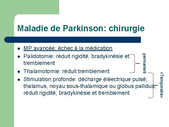 Maladie de Parkinson: chirurgie l l «Temporaire» l permanent l MP avancée; échec à