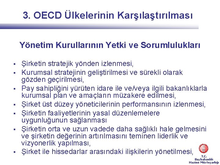 3. OECD Ülkelerinin Karşılaştırılması Yönetim Kurullarının Yetki ve Sorumlulukları § § § § Şirketin