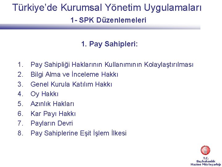 Türkiye’de Kurumsal Yönetim Uygulamaları 1 - SPK Düzenlemeleri 1. Pay Sahipleri: 1. 2. 3.