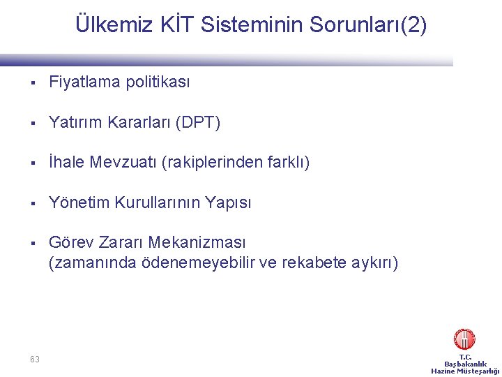 Ülkemiz KİT Sisteminin Sorunları(2) § Fiyatlama politikası § Yatırım Kararları (DPT) § İhale Mevzuatı