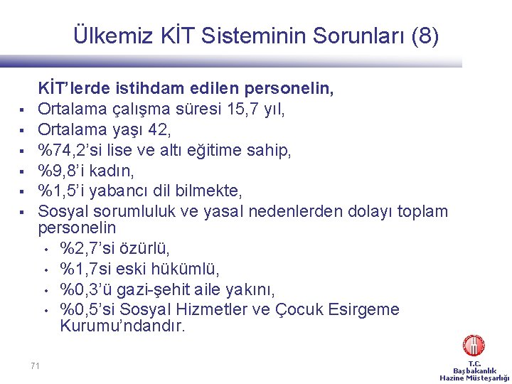 Ülkemiz KİT Sisteminin Sorunları (8) § § § KİT’lerde istihdam edilen personelin, Ortalama çalışma