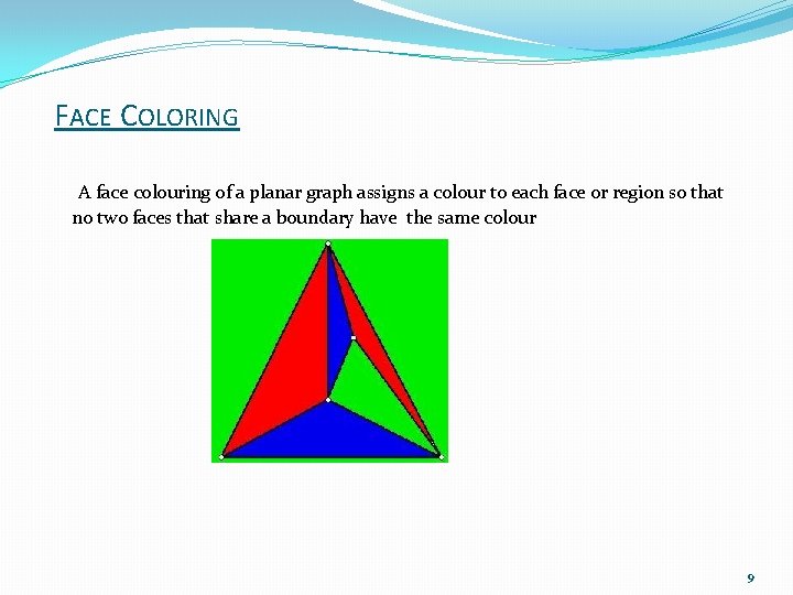 FACE COLORING A face colouring of a planar graph assigns a colour to each