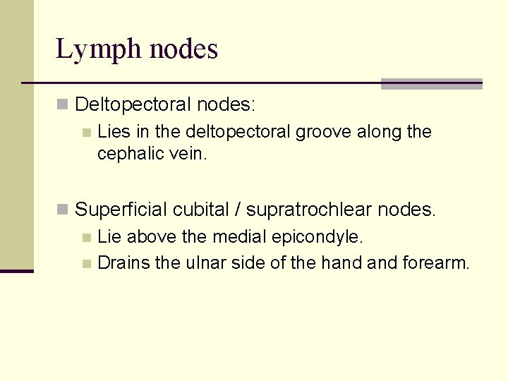 Lymph nodes n Deltopectoral nodes: n Lies in the deltopectoral groove along the cephalic