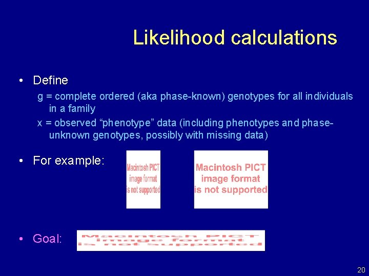 Likelihood calculations • Define g = complete ordered (aka phase-known) genotypes for all individuals