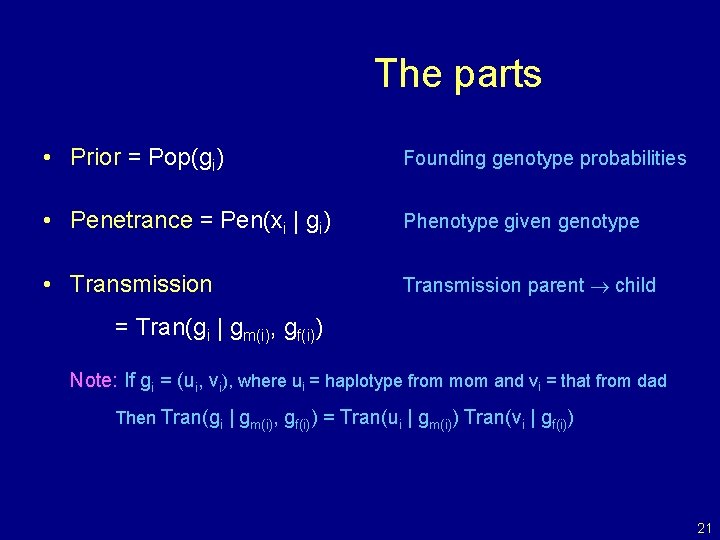 The parts • Prior = Pop(gi) Founding genotype probabilities • Penetrance = Pen(xi |