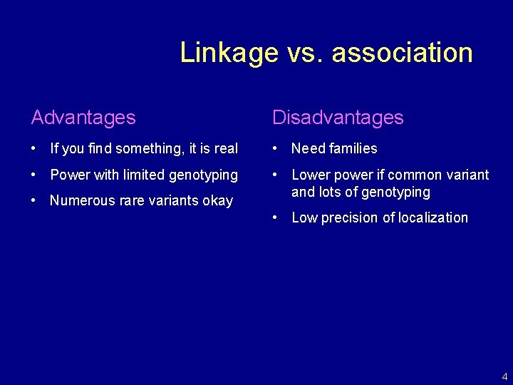 Linkage vs. association Advantages Disadvantages • If you find something, it is real •