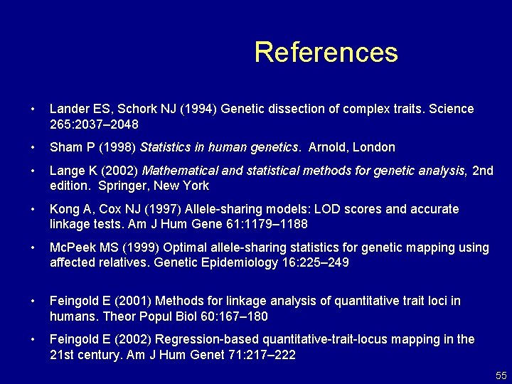 References • Lander ES, Schork NJ (1994) Genetic dissection of complex traits. Science 265: