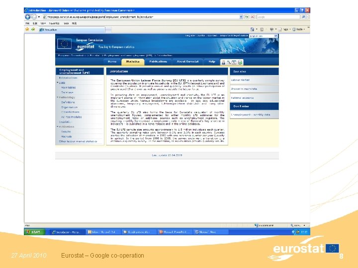 n Example chart 27 April 2010 Eurostat – Google co-operation 8 