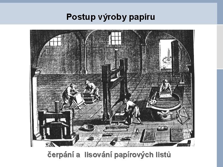 Postup výroby papíru čerpání a lisování papírových listů 