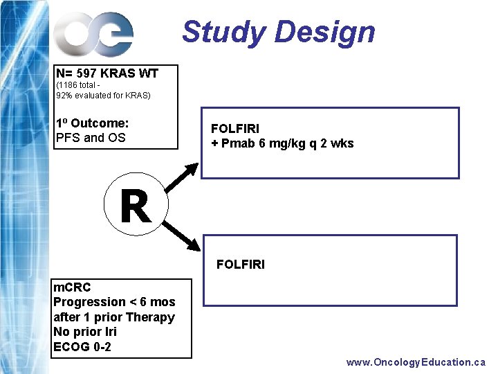Study Design N= 597 KRAS WT (1186 total 92% evaluated for KRAS) 1 o