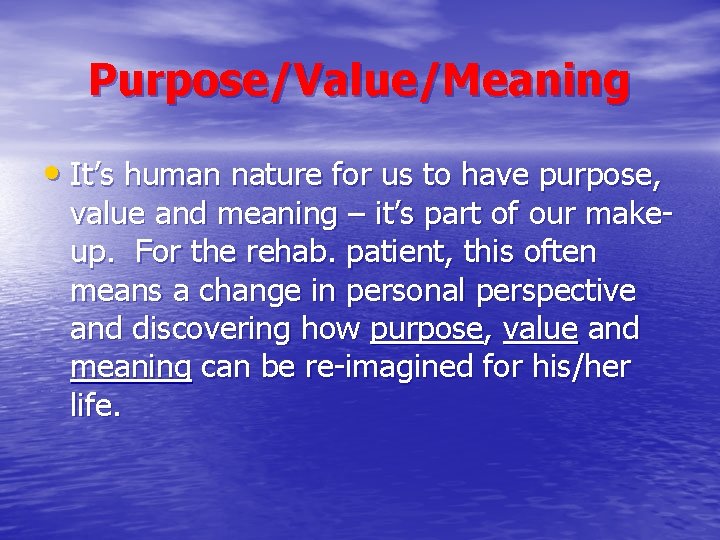 Purpose/Value/Meaning • It’s human nature for us to have purpose, value and meaning –