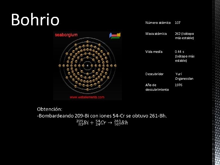 Bohrio Número atómico 107 Masa atómica 262 (isótopo más estable) Vida media 0. 44