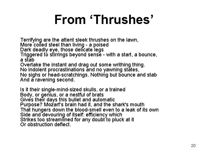 From ‘Thrushes’ Terrifying are the attent sleek thrushes on the lawn, More coiled steel