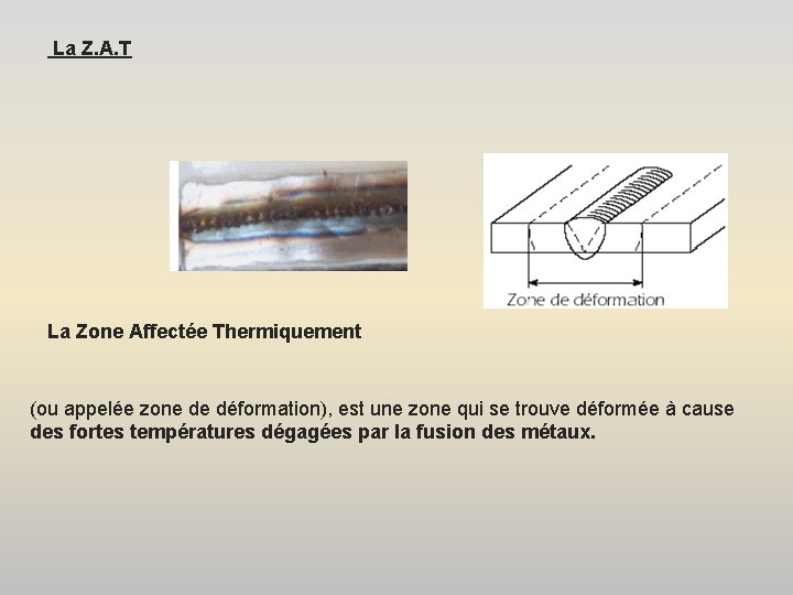  La Z. A. T La Zone Affectée Thermiquement (ou appelée zone de déformation),