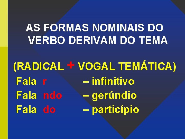 AS FORMAS NOMINAIS DO VERBO DERIVAM DO TEMA (RADICAL + VOGAL TEMÁTICA) Fala r