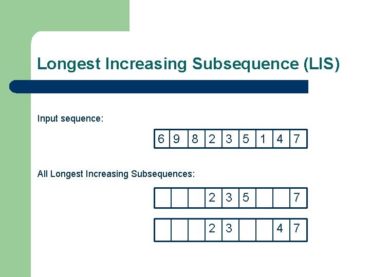 Longest Increasing Subsequence (LIS) Input sequence: 6 9 8 2 3 5 1 4