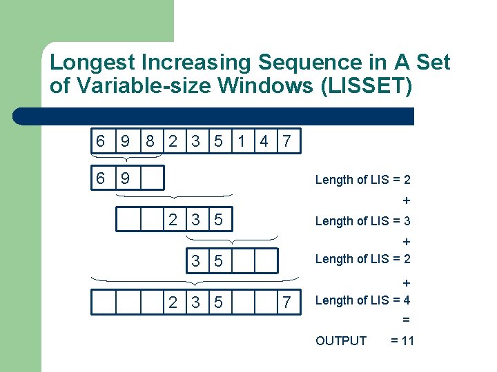 Longest Increasing Sequence in A Set of Variable-size Windows (LISSET) 6 9 8 2