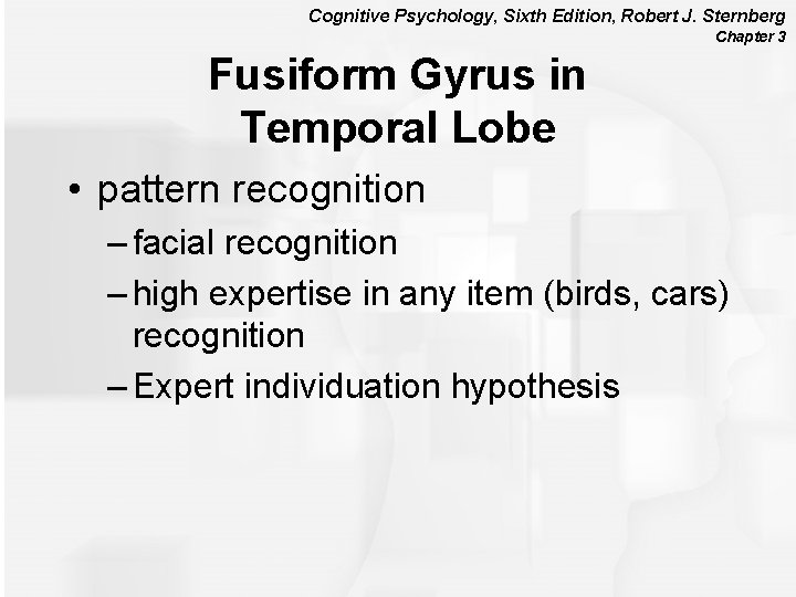 Cognitive Psychology, Sixth Edition, Robert J. Sternberg Chapter 3 Fusiform Gyrus in Temporal Lobe