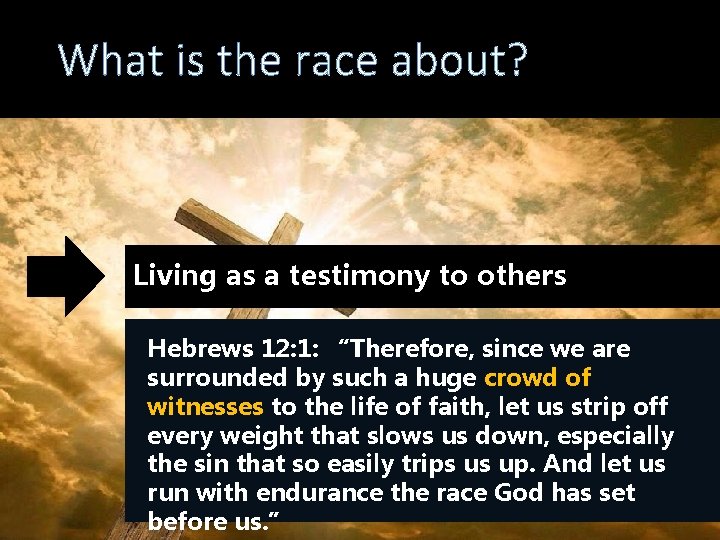 What is the race about? Living as a testimony to others Hebrews 12: 1: