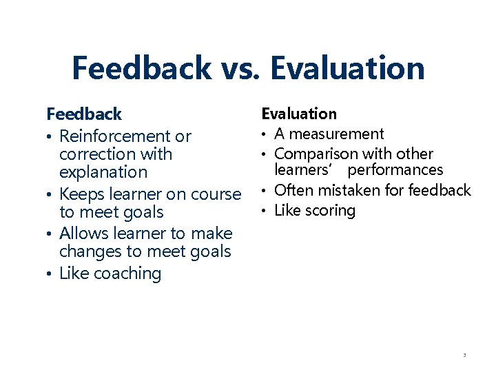 Feedback vs. Evaluation Feedback • Reinforcement or correction with explanation • Keeps learner on