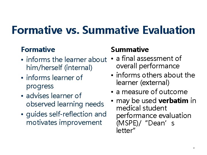 Formative vs. Summative Evaluation Formative • informs the learner about him/herself (internal) • informs
