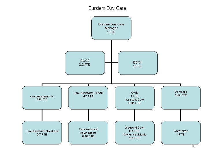 Burslem Day Care Manager 1 FTE DCO 2 2. 2 FTE Care Assistants LTC