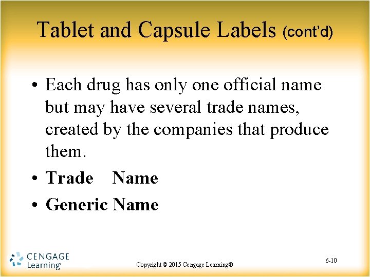 Tablet and Capsule Labels (cont’d) • Each drug has only one official name but Tablet and Capsule Labels (cont’d) • Each drug has only one official name but