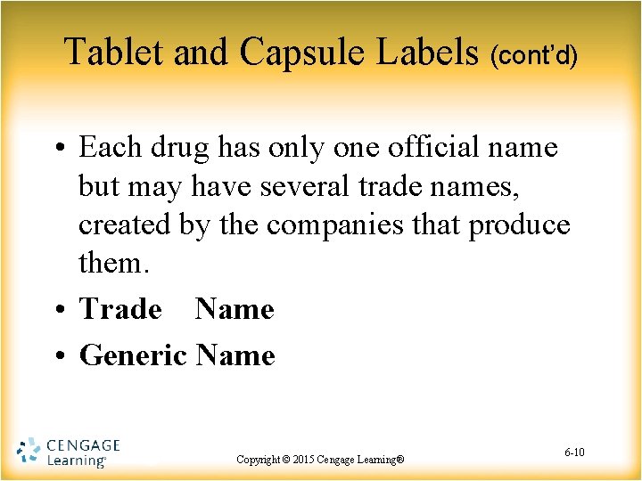 Tablet and Capsule Labels (cont’d) • Each drug has only one official name but