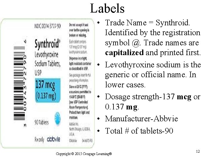 Labels • Trade Name = Synthroid. Identified by the registration symbol @. Trade names