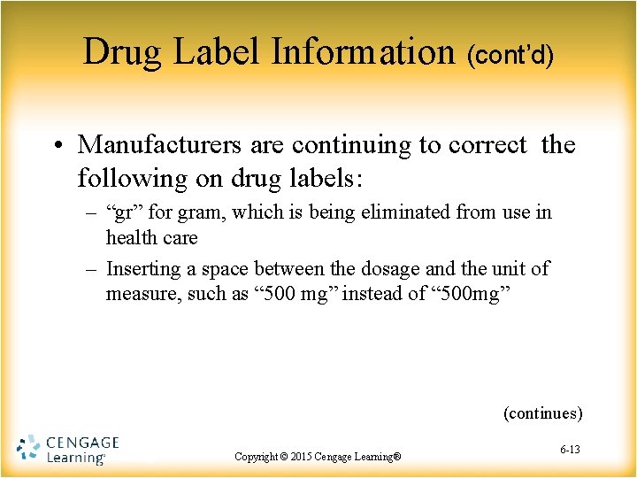 Drug Label Information (cont’d) • Manufacturers are continuing to correct the following on drug Drug Label Information (cont’d) • Manufacturers are continuing to correct the following on drug