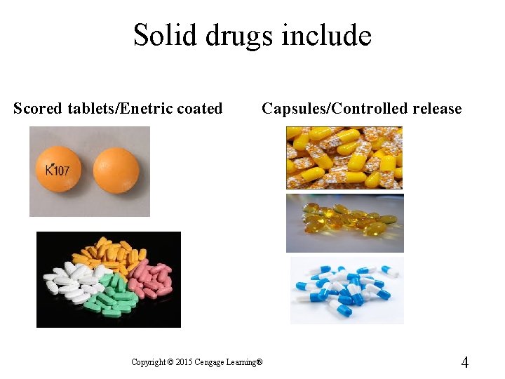 Solid drugs include Scored tablets/Enetric coated Capsules/Controlled release Copyright © 2015 Cengage Learning® 4