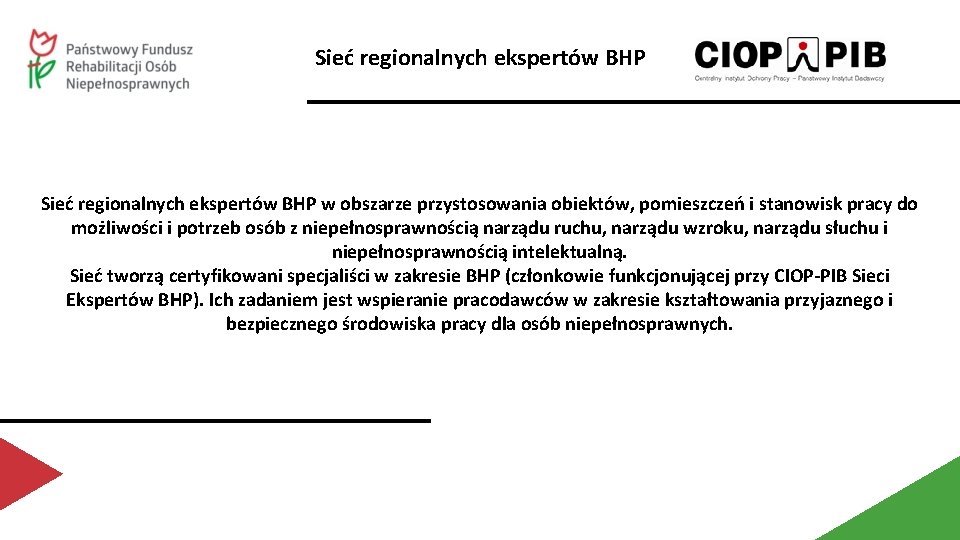 Sieć regionalnych ekspertów BHP w obszarze przystosowania obiektów, pomieszczeń i stanowisk pracy do możliwości