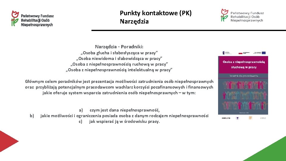 Punkty kontaktowe (PK) Narzędzia - Poradniki: „Osoba głucha i słabosłysząca w pracy” „Osoba niewidoma