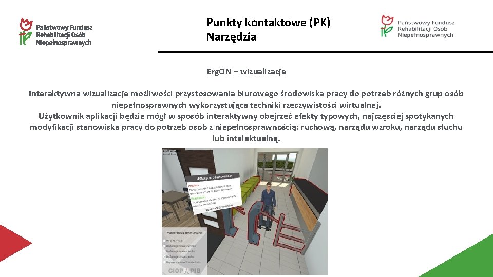 Punkty kontaktowe (PK) Narzędzia Erg. ON – wizualizacje Interaktywna wizualizacje możliwości przystosowania biurowego środowiska