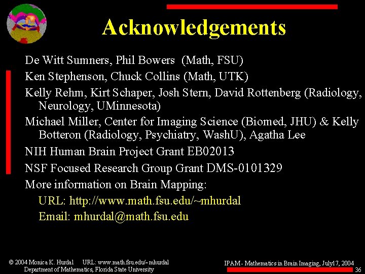 Acknowledgements De Witt Sumners, Phil Bowers (Math, FSU) Ken Stephenson, Chuck Collins (Math, UTK)
