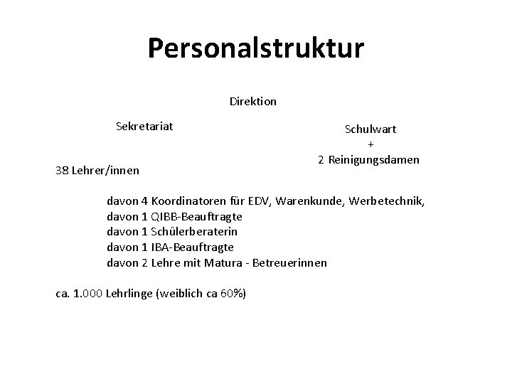 Personalstruktur Direktion Sekretariat 38 Lehrer/innen Schulwart + 2 Reinigungsdamen davon 4 Koordinatoren für EDV,