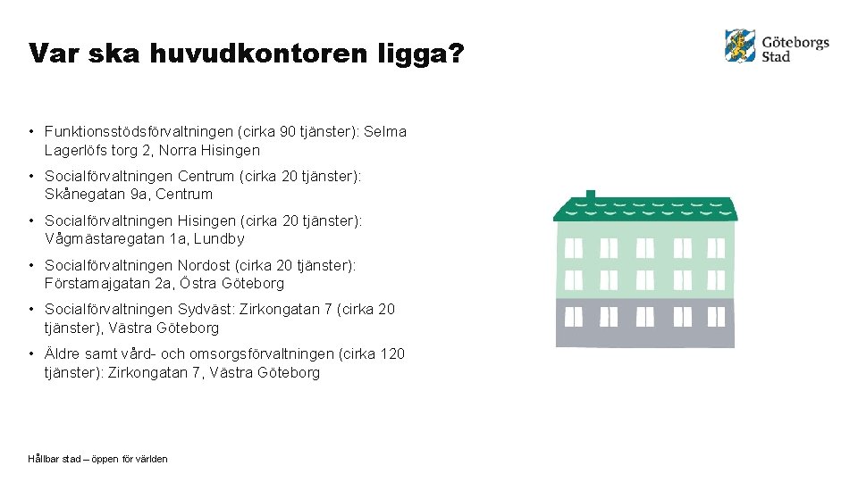 Var ska huvudkontoren ligga? • Funktionsstödsförvaltningen (cirka 90 tjänster): Selma Lagerlöfs torg 2, Norra