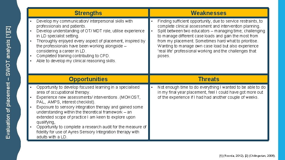 Strengths Evaluation of placement – SWOT analysis [1][2] • • • Develop my communication/