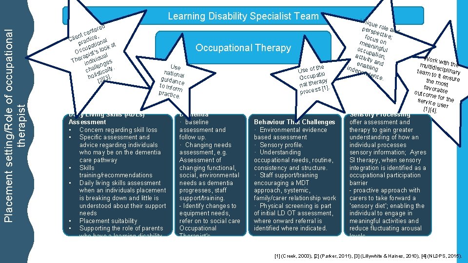 Placement setting/Role of occupational therapist Learning Disability Specialist Team red te cen e, t