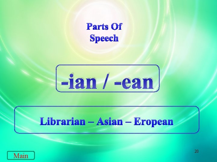 Parts Of Speech -ian / -ean Librarian – Asian – Eropean Main 20 